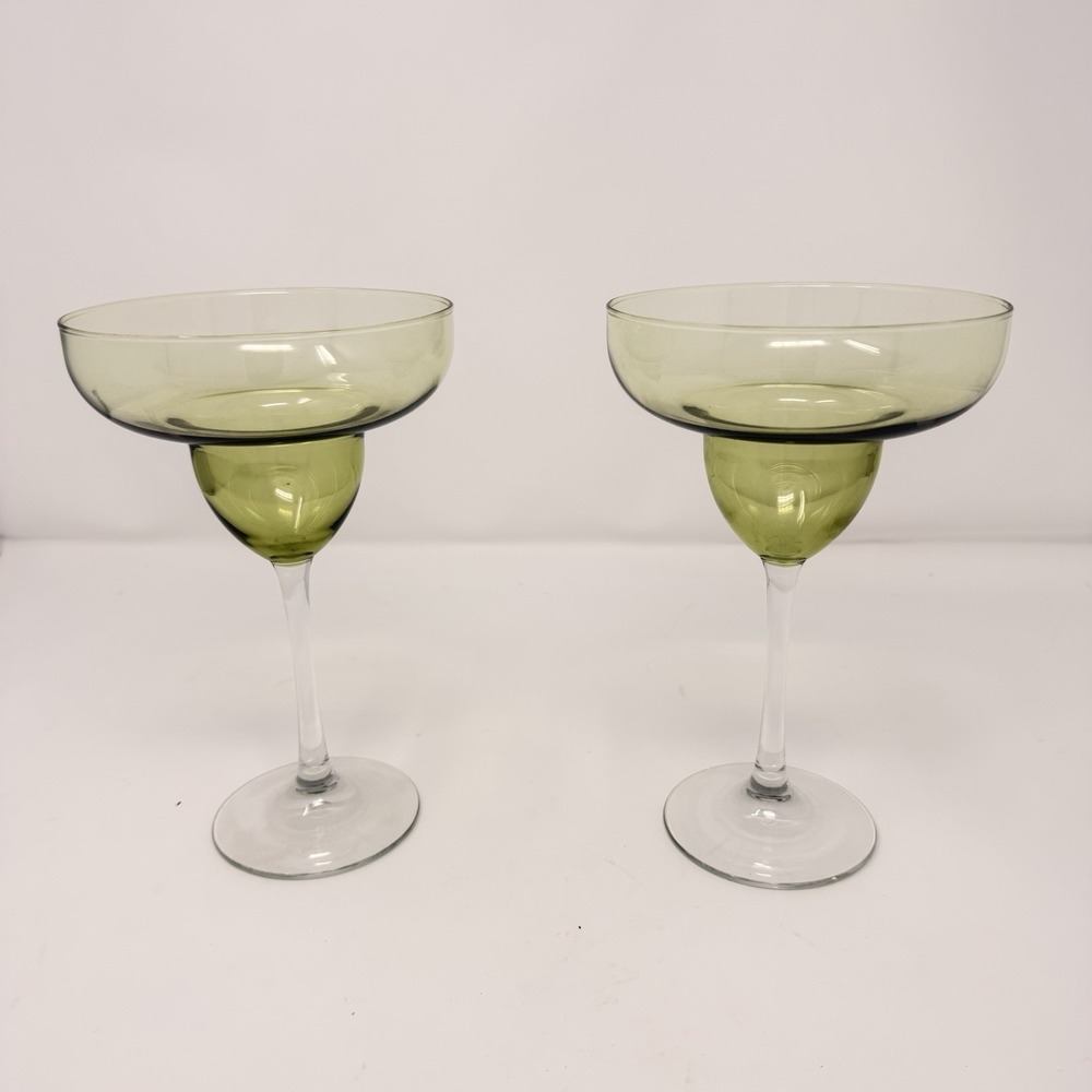2 Hand-Blown Avocado Green Margarita Glasses with Clear Stems - 7 1/2" Tall